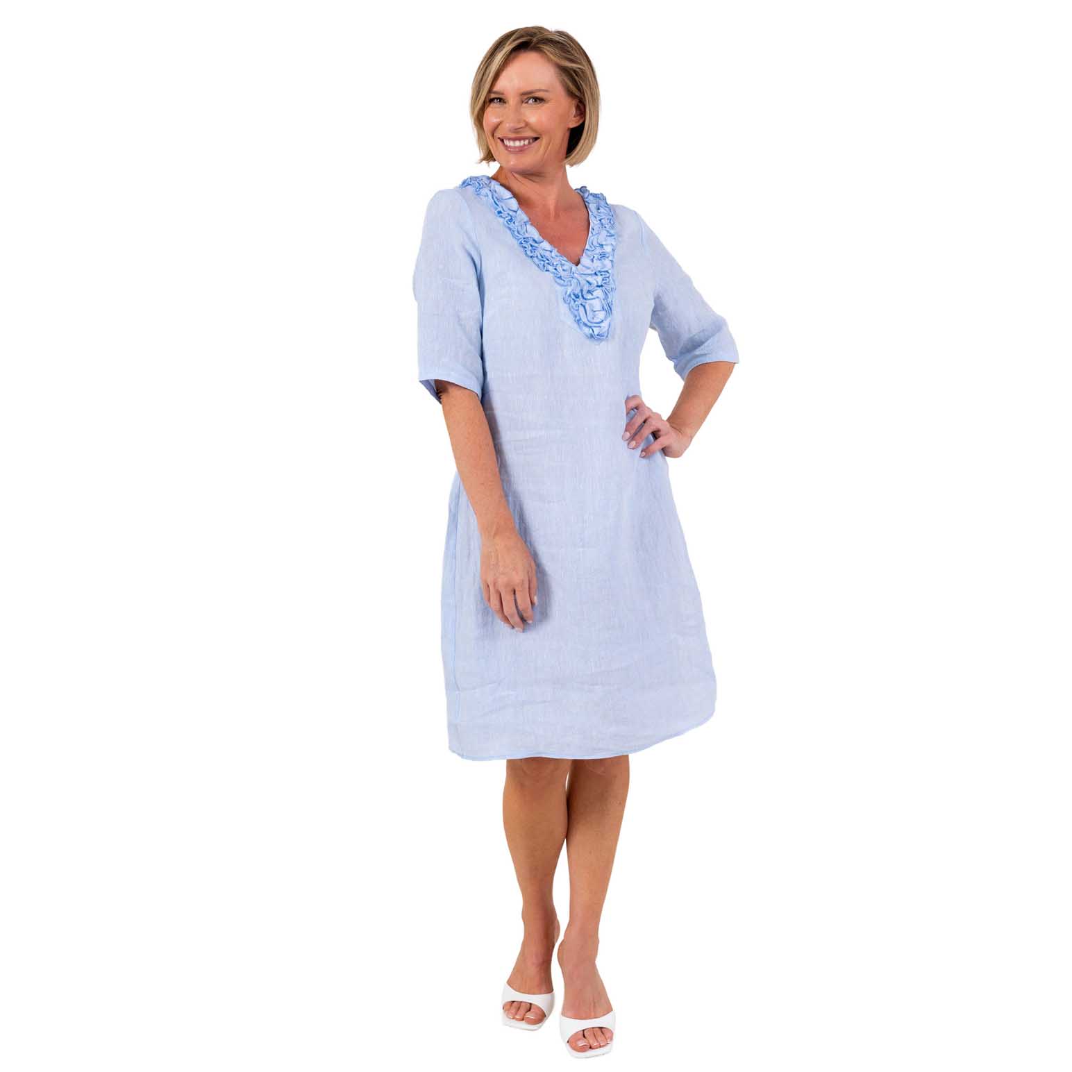 See Saw 100% Linen  Ss Ruffle Front Dress